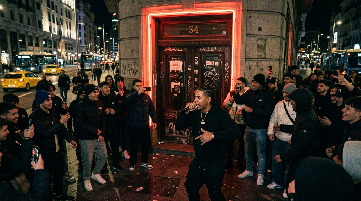 The viral Madrid Gran Vía doorway freestyle scene